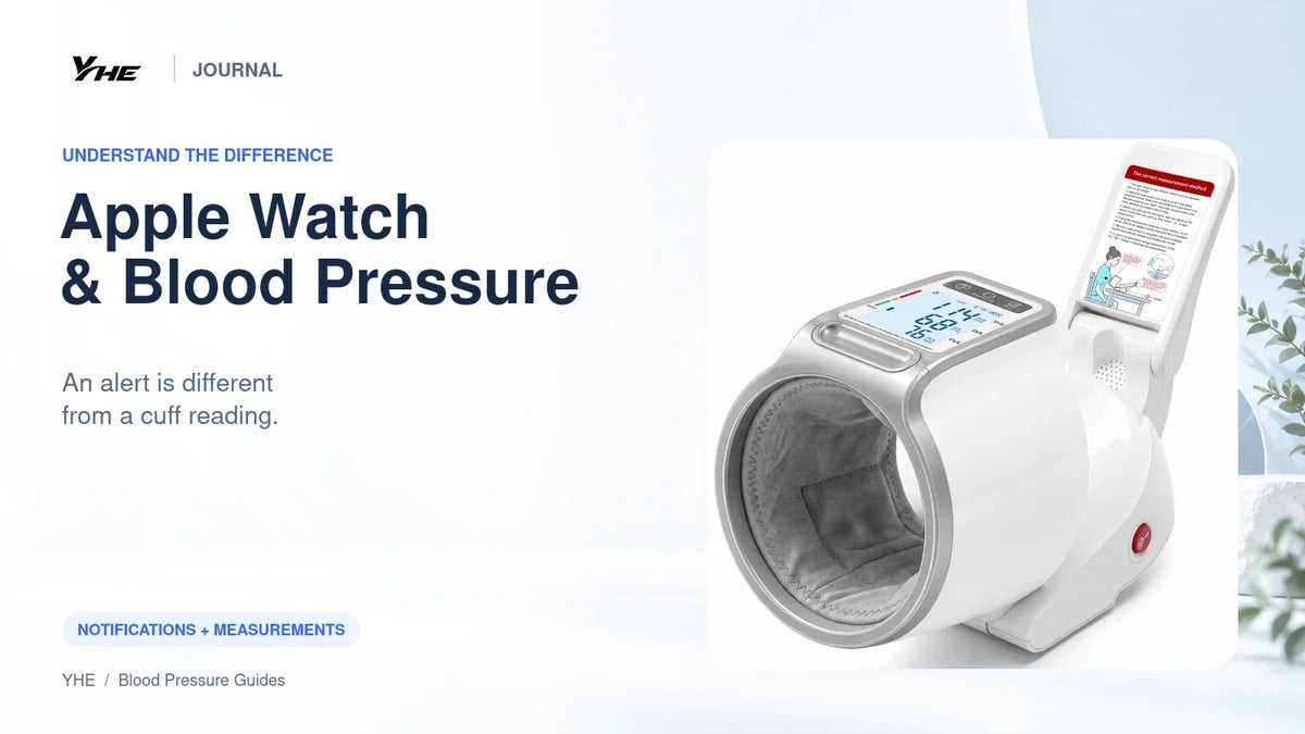YHE BP Home upper arm monitor illustrating cuff readings in an Apple Watch blood pressure guide