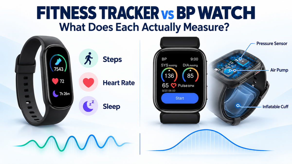 Fitness tracker measuring steps, heart rate and sleep compared with a YHE inflatable-cuff blood pressure watch for on-demand wrist BP readings.