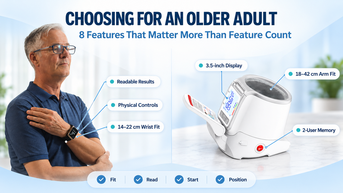 BP Doctor wrist blood pressure watch and YHE BP Home upper-arm monitor compared using senior-friendly criteria including fit, display, controls and measurement posture.