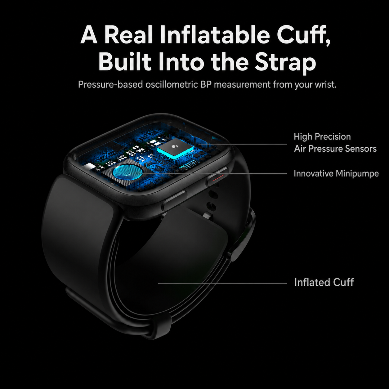 BP Doctor Fit inflatable air cuff, air pump and pressure sensor built into the wristband